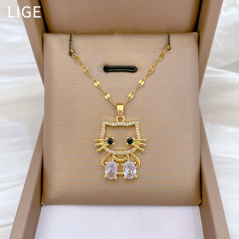 Elegant Titanium Steel Hollow Cat Pendant Necklace for Women with Rhinestone Inlay, Geometric Design, Delicate Clavicle Chain