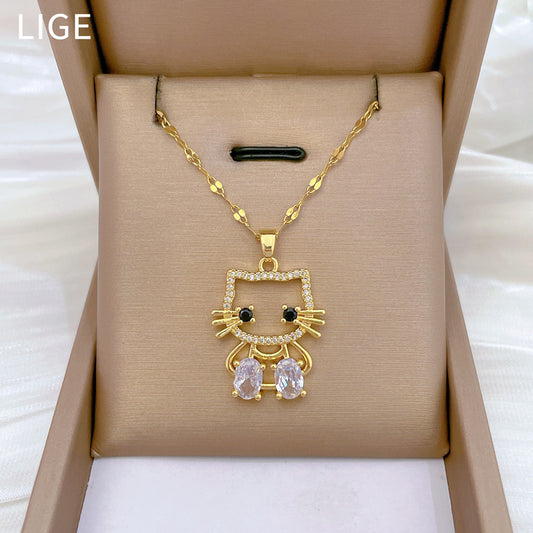 Elegante collar de mujer con colgante de gato hueco de acero de titanio con incrustaciones de diamantes de imitación, diseño geométrico, delicada cadena para la clavícula