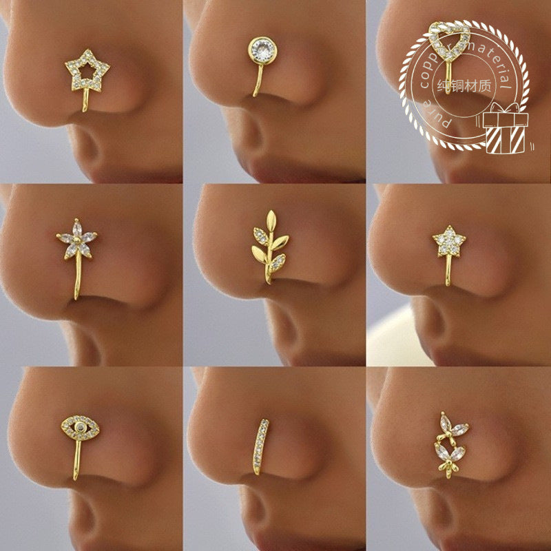 Minimalist Geometric U-Shaped Nose Clip Brass 18K Gold Plated Cubic Zirconia Adjustable Charm Bar