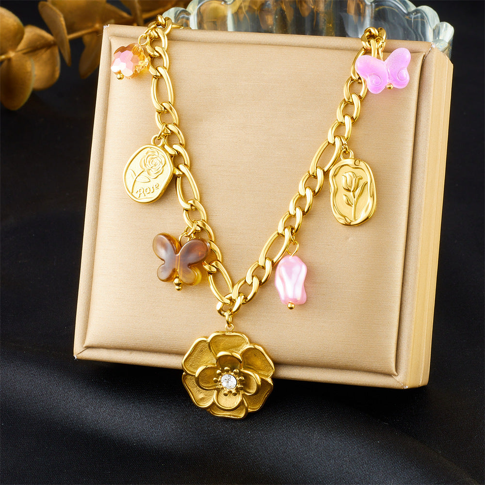 Elegant Stainless Steel Drip Oil Moon Sun Flower Pendant Necklace with Cable Chain for Women