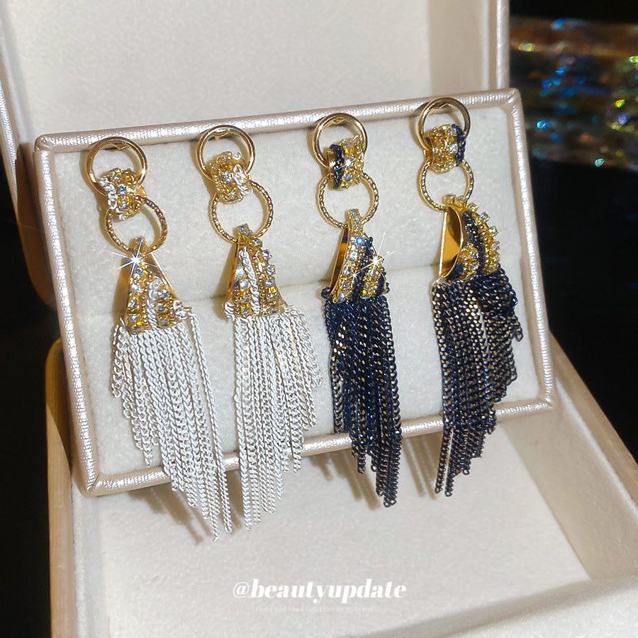 Pendientes de borla con formas geométricas con incrustaciones de diamantes de imitación en aleación y acero inoxidable para mujer, estilo de lujo minimalista y a la moda