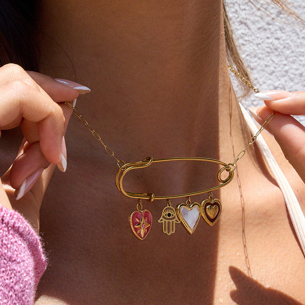 Collana con ciondolo geometrico minimalista in acciaio al titanio con finitura placcata da donna, catena maglione lusso leggero