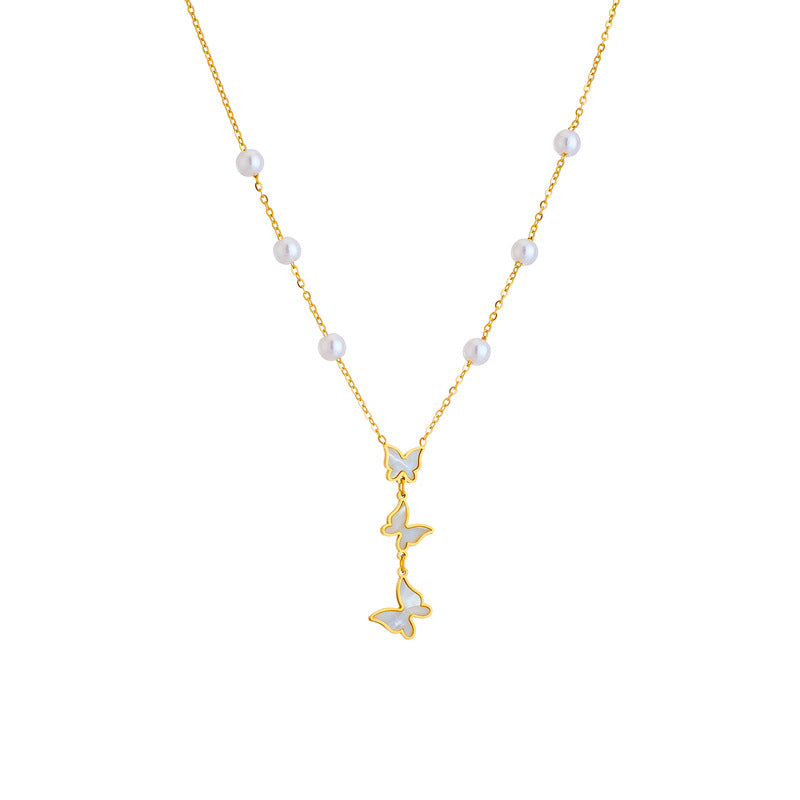 Vintage-Inspired Butterfly Pendant Necklace in Titanium Steel with Polished Finish and Fringe Detail for Women