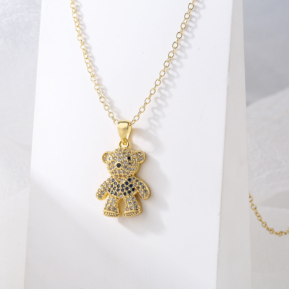 Graziosa Collana con Ciondolo Orsetto da Donna in Rame con Placcatura in Oro Vero e Zirconia Micro-Incastonata