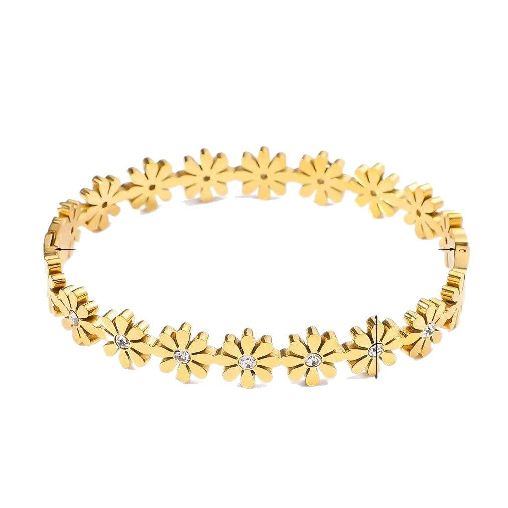 Bracciale Minimalista Geometrico Rotondo alla Moda in Acciaio Inossidabile PVD Placcato Oro 18K con Intarsio di Strass