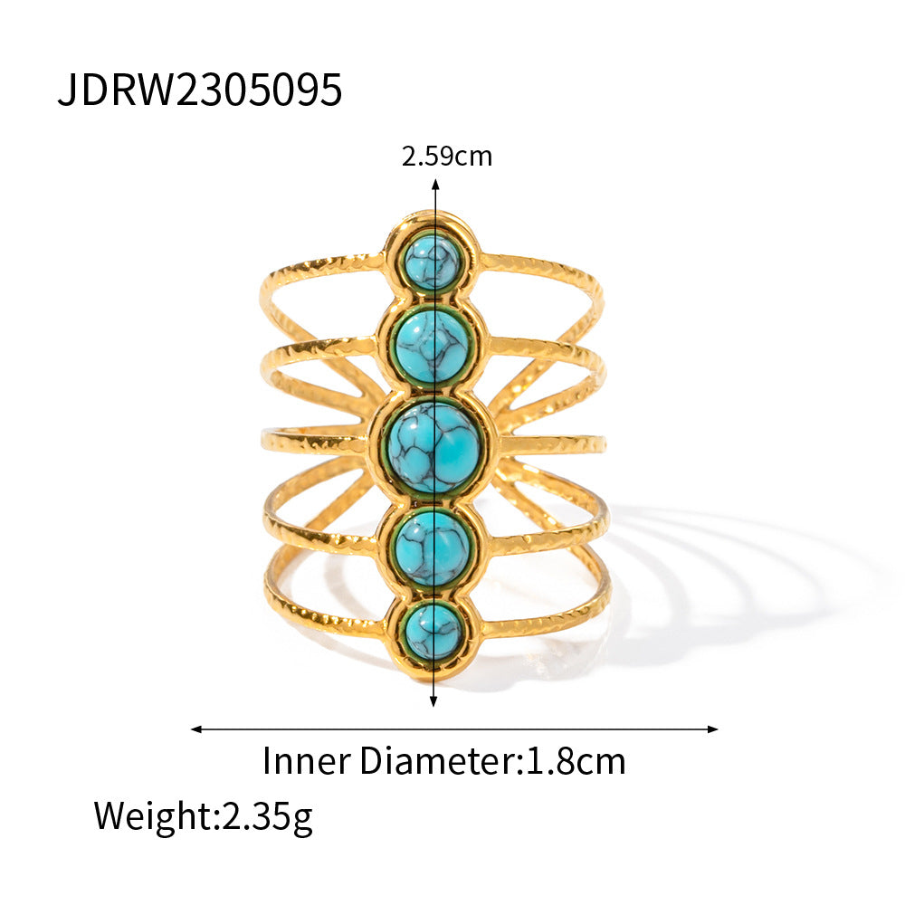Anillo de titanio y acero geométrico minimalista con baño de oro e incrustaciones de turquesa para mujer