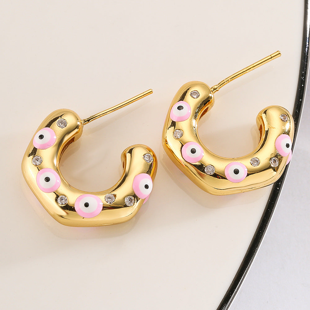 Irregular Geometric C-Shaped Earrings for Women with Micro-Pave Setting in Copper, Fashion-Forward Minimalist Design