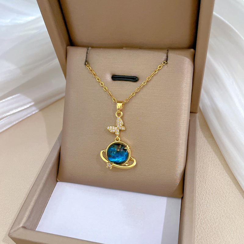 Butterfly Starry Sky Luxury Titanium Steel Necklace for Women and Men with Rhinestone Inlay Geometric Pendant