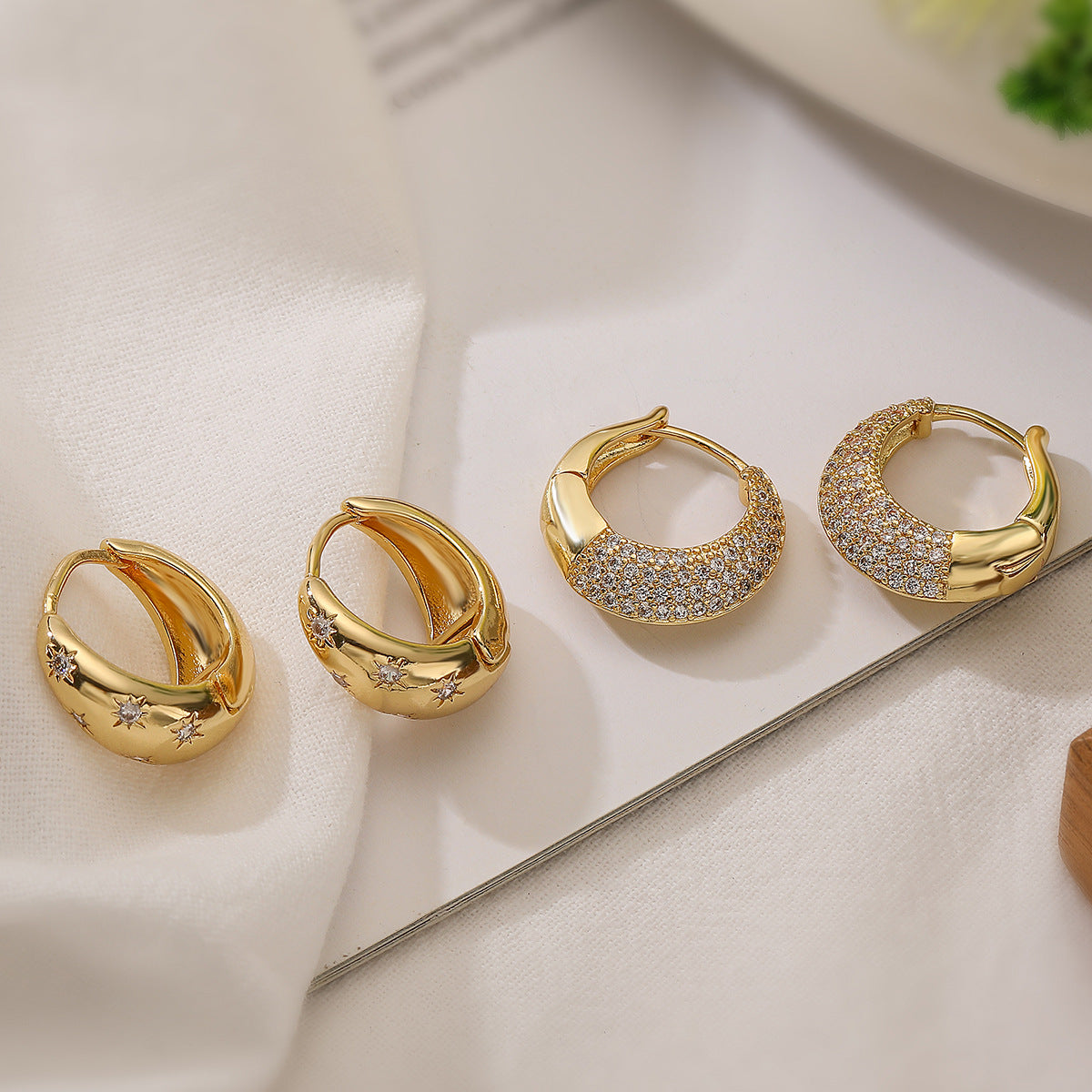 Minimalist Geometric Copper Earrings with 18K Gold Plating and Zircon Inlay for Women