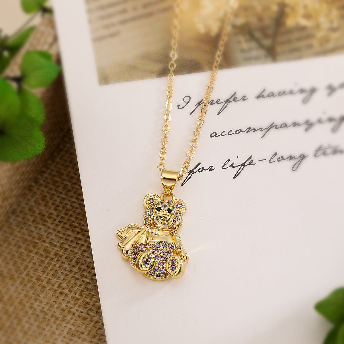Cute Bear-Shaped Pendant Necklace for Women in Copper with 18K Gold Plating and Zircon Inlay Minimalist Style Clavicle Chain