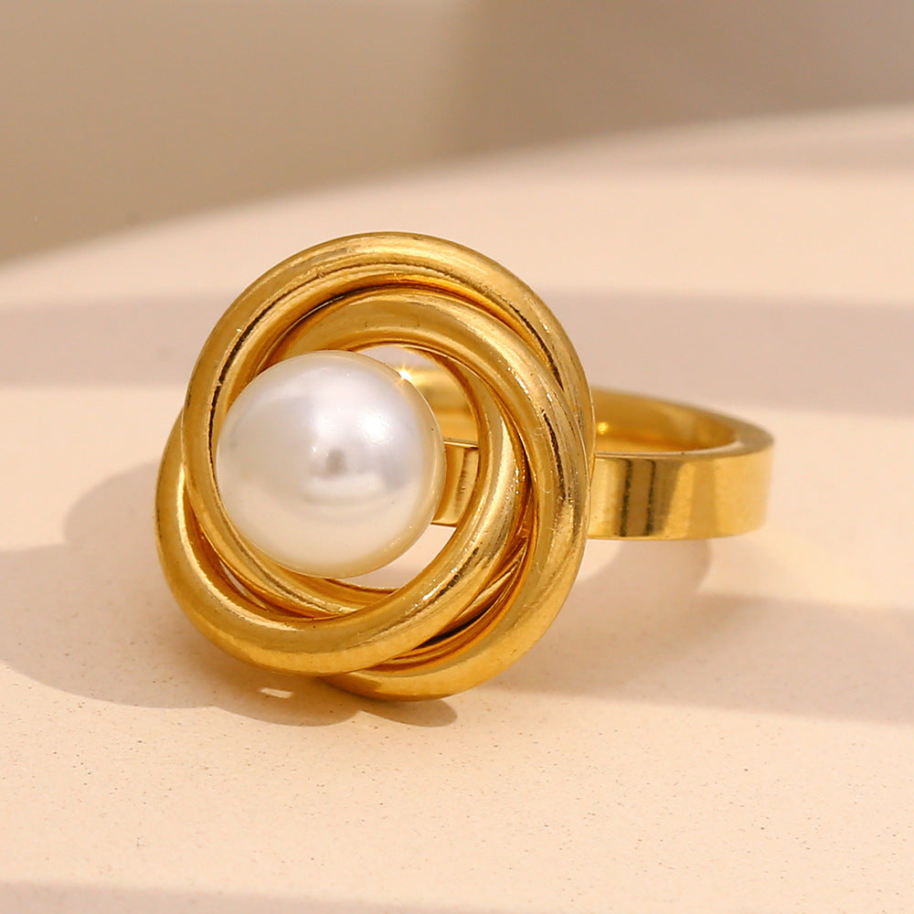 Vintage Style Geometric Stainless Steel Ring with 18K Gold Plating and Pearl Accent for Women