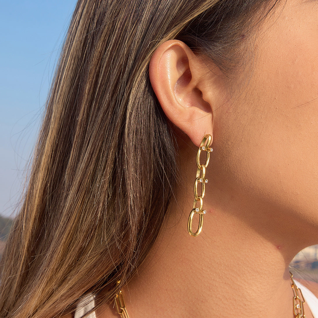 Elegant Geometric Stainless Steel PVD Gold Plated Rhinestone Tassel Earrings for Women