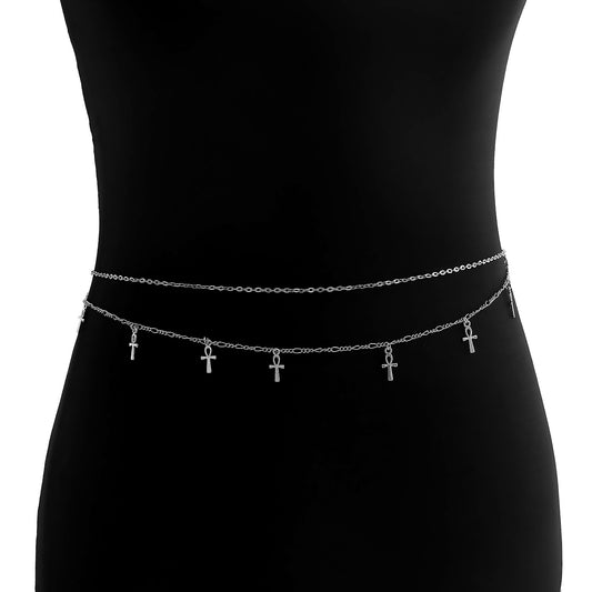 Punk Adjustable Mini Geometric Cross Waist Chain for Women with Tassel Detail