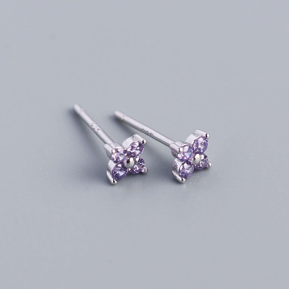 Minimalist Sweet 925 Sterling Silver Inlaid Rhinestone Floral Stud Earrings