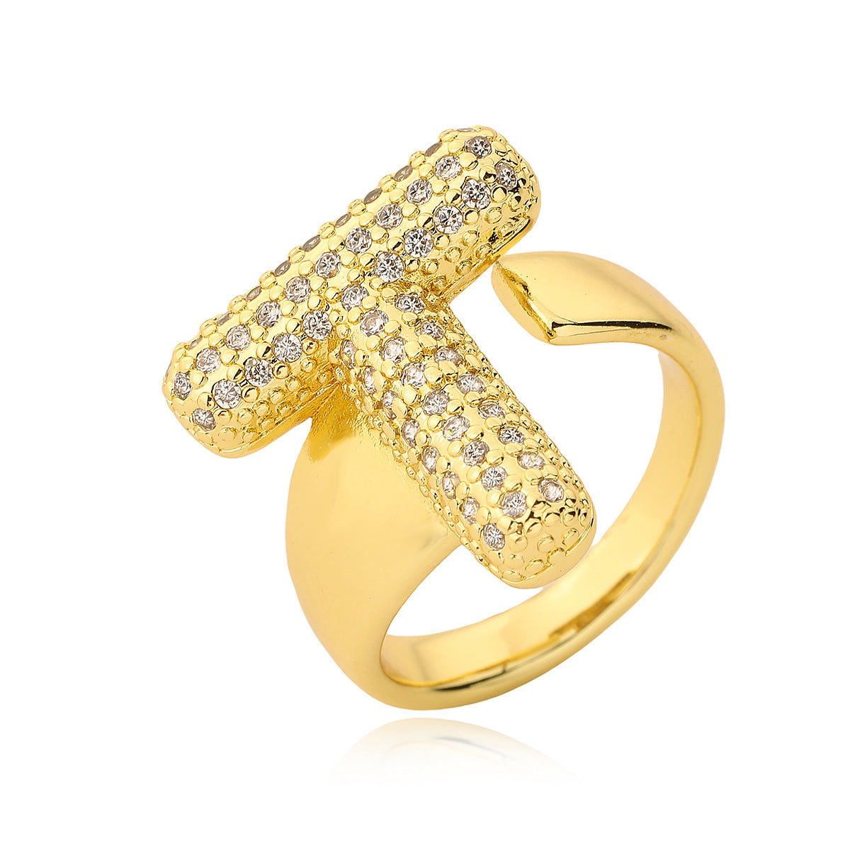 Minimalist Geometric Letter Zirconia Ring for Women in Copper with Gold Plating and Micro-Pavé Setting