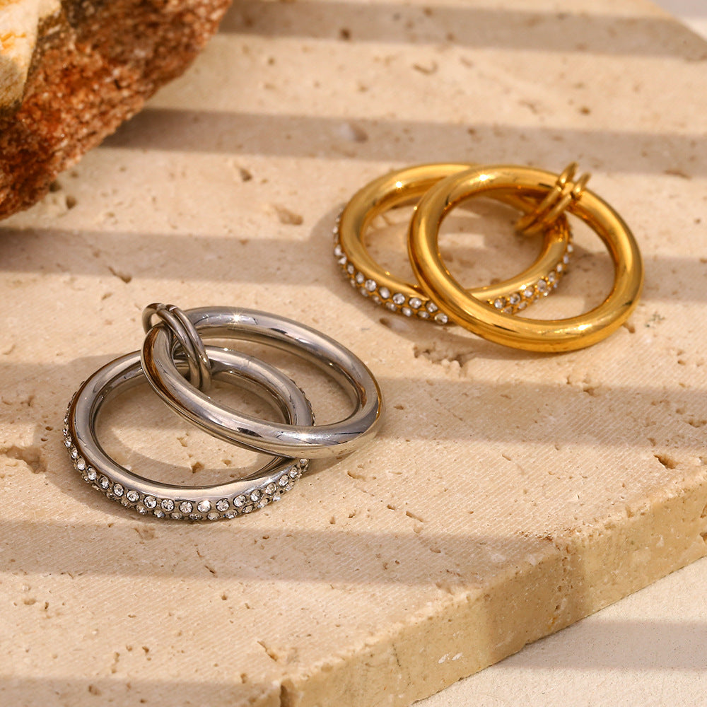 Vintage-Inspired Geometric Stainless Steel Ring with 18K Gold Plating and Rhinestone Accents for Women