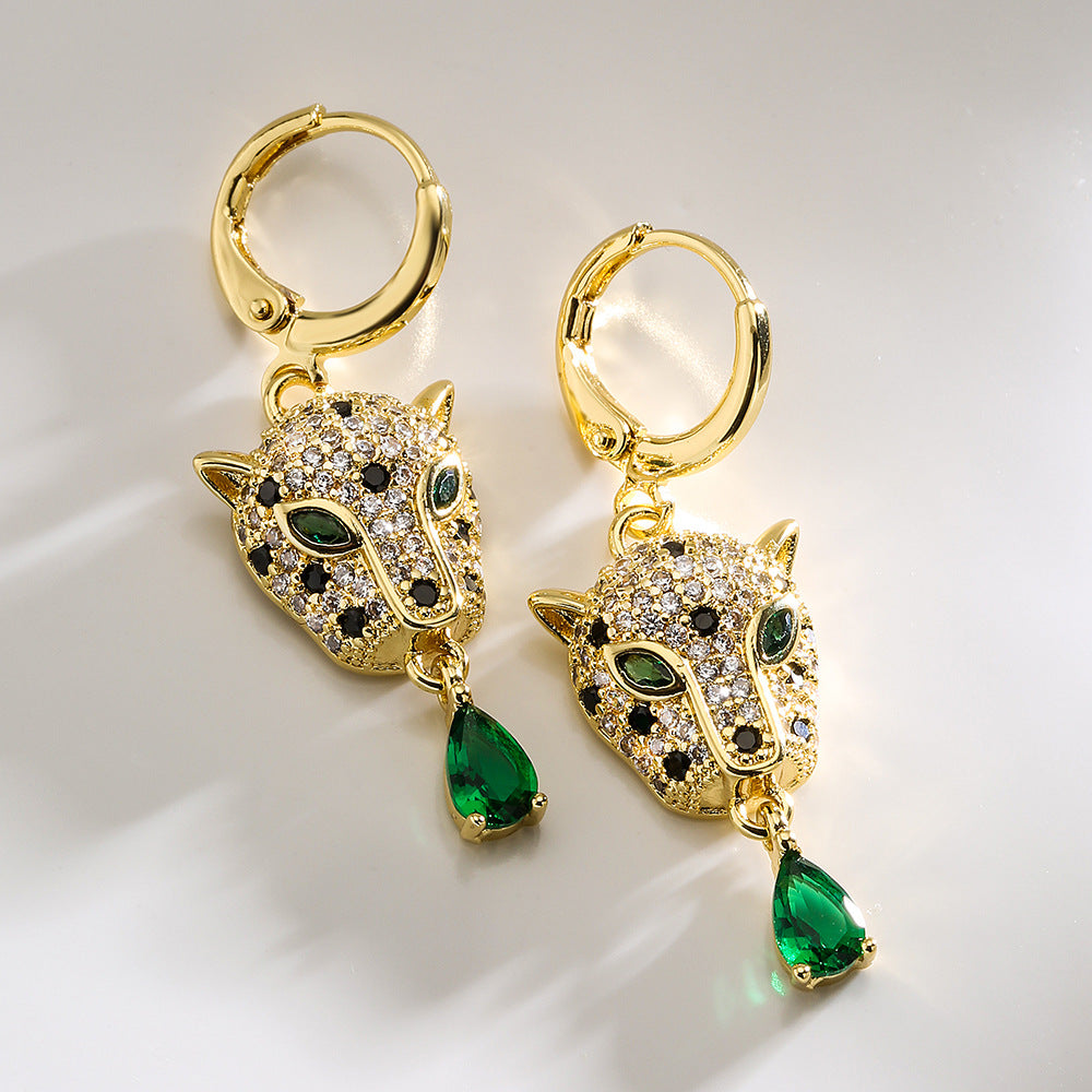 Minimalist Leopard-Shaped Copper Pendant Earrings with 18K Gold Plating and Micro-Pavé Setting for Women