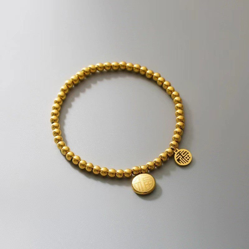 Chinese New Year Lucky Fu Character Solid Mini Gourd Bracelet for Women in Titanium Steel with 18K Gold Plating