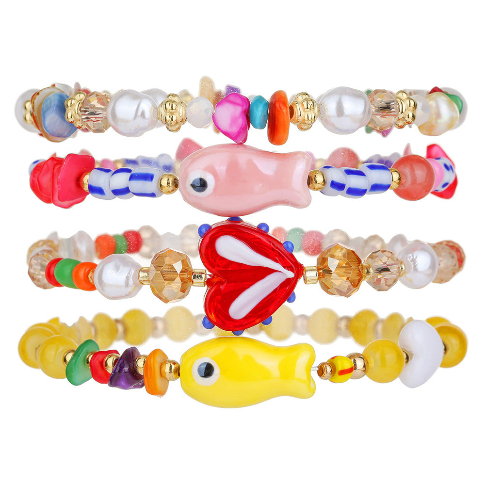 Sweet Geometric Heart Ceramic Imitation Pearl Glass Crystal Beaded Bracelet