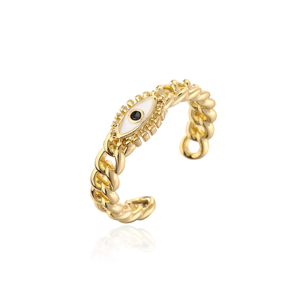 Anello Aperto Geometrico Minimalista da Donna con Base in Rame, Placcatura in Oro 18K e Smalto a Forma di Occhio di Allah