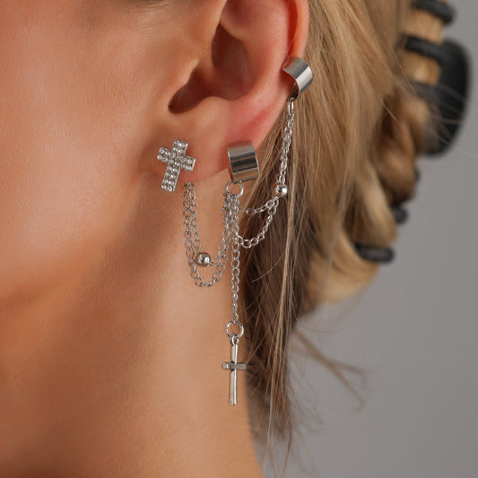 Orecchini a clip da donna alla moda con design geometrico a U in lega, finitura galvanizzata e dettagli in strass