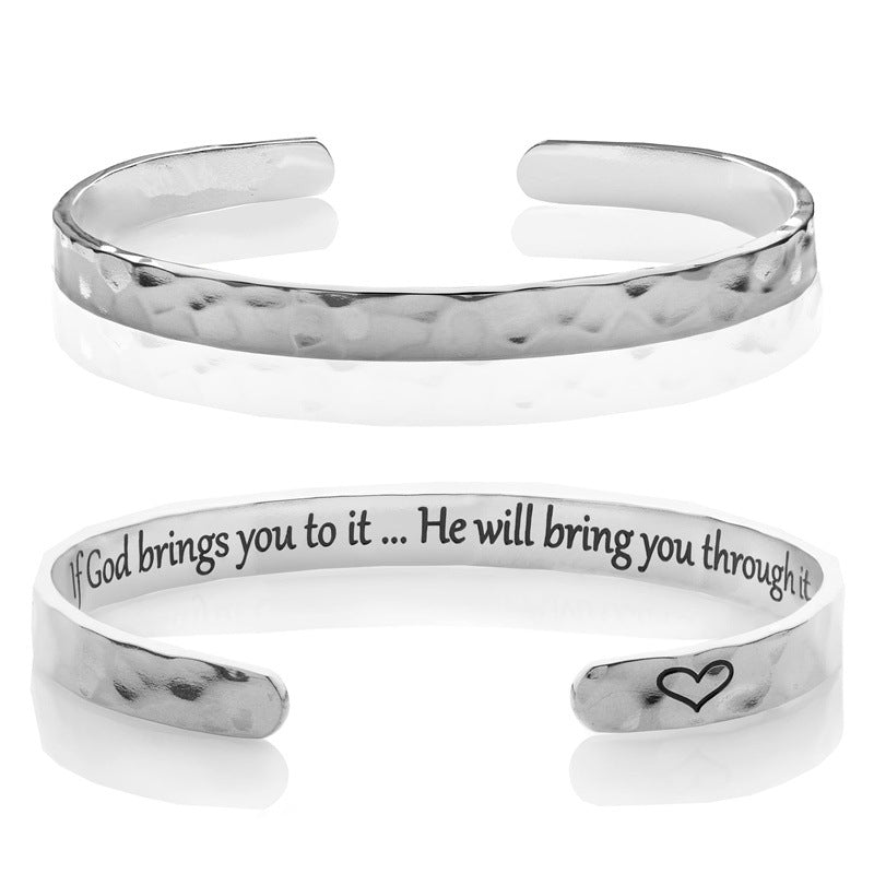 Minimalist Stainless Steel Engraved Open Moon Surface Textured Hammered Bracelet