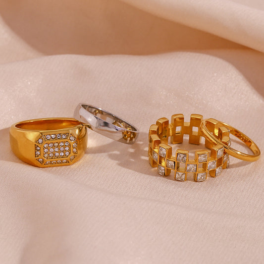 Minimalist Geometric Stainless Steel Ring with 18K Gold Plating and Micro-Pave Zirconia for Women