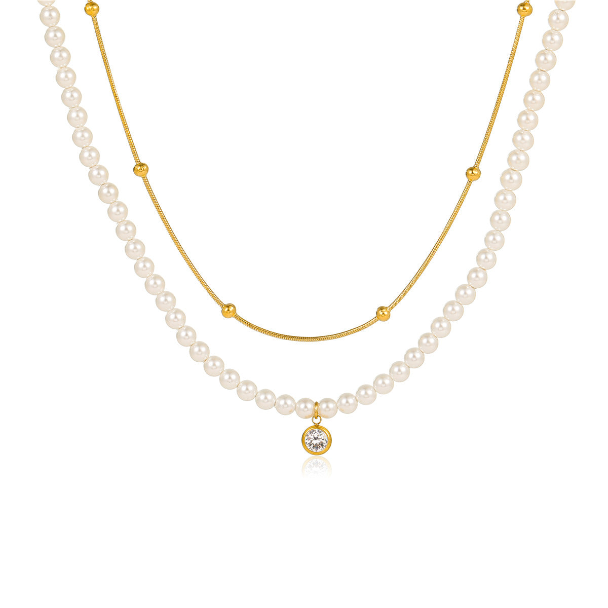 Collar de doble cadena de acero inoxidable chapado en oro de 18 quilates con perla y circonita para mujer