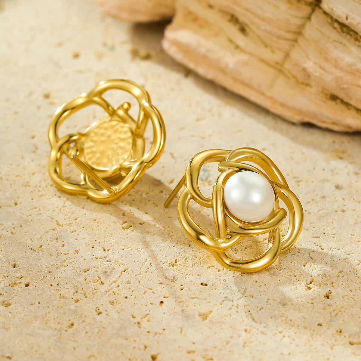 Vintage Style Hollow Flower-Shaped Stainless Steel Earrings with Freshwater Pearl Inlay and 18K Gold Plating