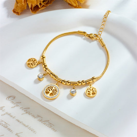 Vintage Women's Stainless Steel Geometric Tree of Life Pendant Bracelet with Rhinestone Accents