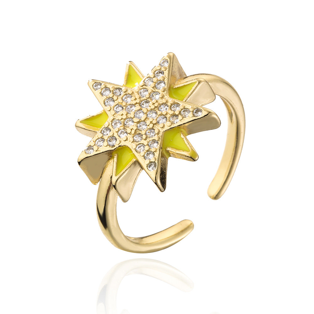 Cartoon Style Geometric Open Star Ring for Women in Copper with 18K Gold Plating and Cubic Zirconia Inlay