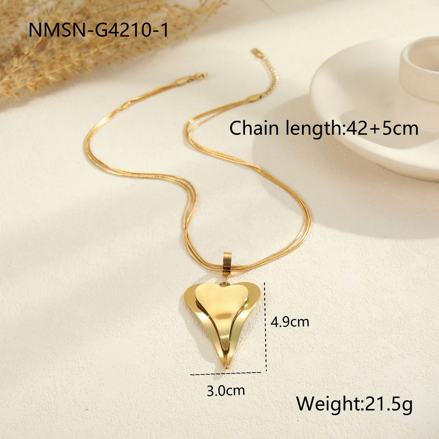 Collar de cadena de serpiente de doble corazón de moda en acero inoxidable con acabado chapado para mujer
