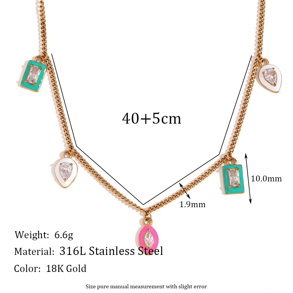 Fashionable Geometric Rectangular Stainless Steel Gold-Plated Pendant Necklace with Zircon Inlay and Enamel Finish for Women
