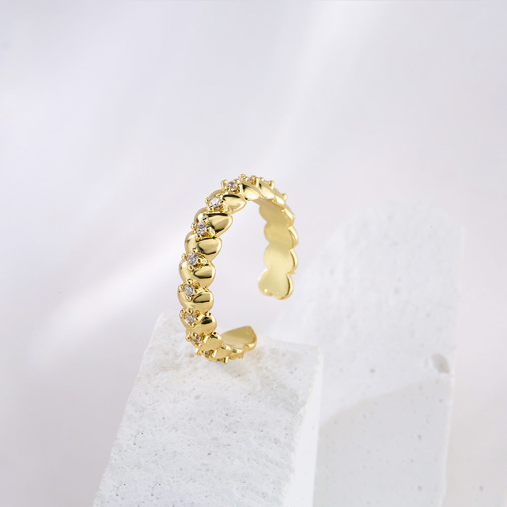 Geometric Open Ring for Women with Copper Base Plated in 18K Gold and Micro-Paved Zirconia