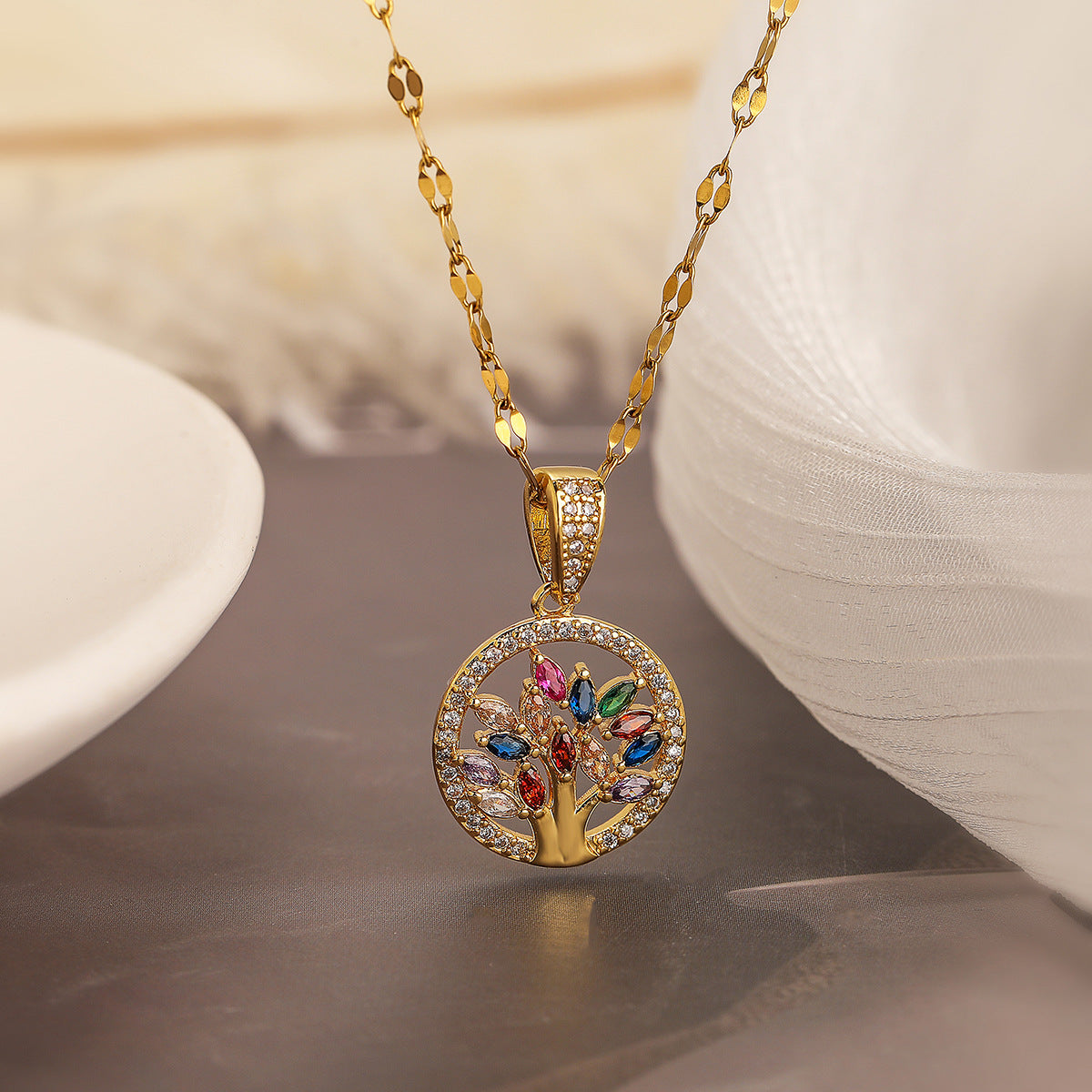 Minimalist Geometric Tree of Life Pendant Necklace for Women in Brass with Real Gold Plating and Zircon Inlay