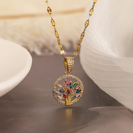 Minimalist Geometric Tree of Life Pendant Necklace for Women in Brass with Real Gold Plating and Zircon Inlay