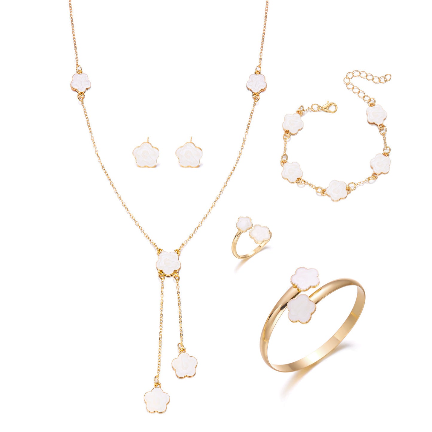 Luxury Floral Alloy Plated Ball Chain Necklace Set with Tassel and Earrings