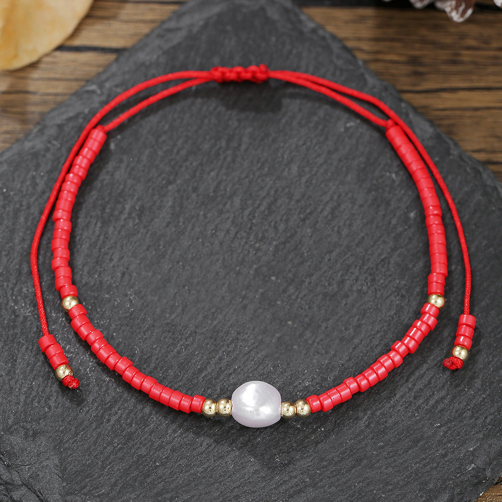 Bohemian Style Adjustable Braided Pearl Beaded Bracelet for Women with Rice Beads and Geometric Design