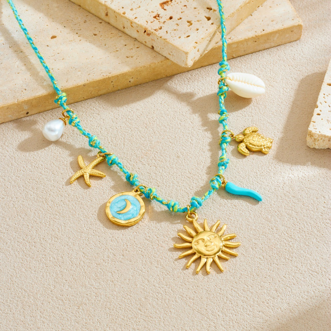 Sweet Gold Plated Drip Oil Round Star Moon Face Turtle Sea Star Pendant Necklace for Women