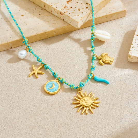 Sweet Gold Plated Drip Oil Round Star Moon Face Turtle Sea Star Pendant Necklace for Women