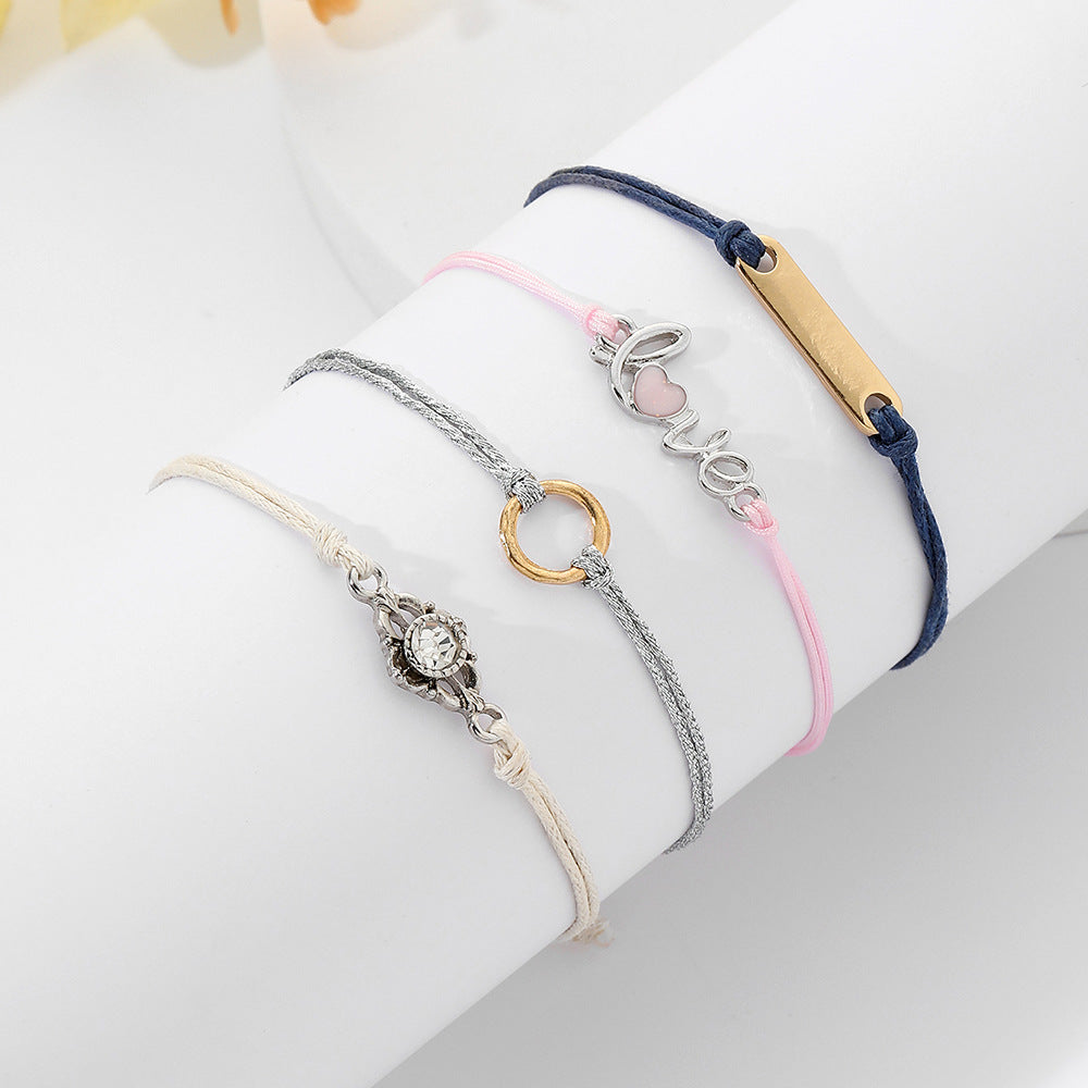 Sweet Geometric Letter Alloy Rhinestone Bracelet Set for Women