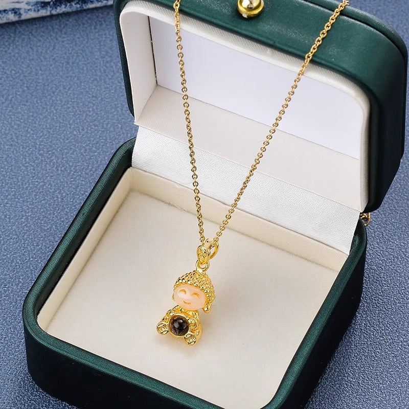 Collana con ciondolo floreale irregolare dal design originale per donna, in acciaio al titanio placcato oro vero, a doppio strato, leggera, catena per maglione