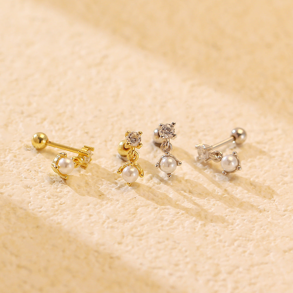 Dulces pendientes minimalistas redondos geométricos de plata de ley 925 con perlas y circonitas cúbicas para mujer