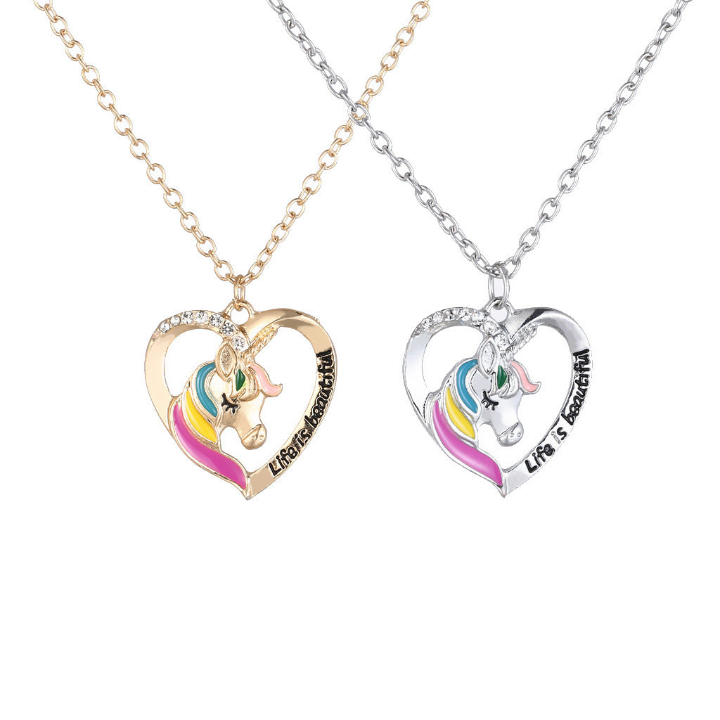 Collar colgante minimalista de unicornio para niñas, joyería de esmalte de aleación con forma de corazón, cadena O de longitud ajustable