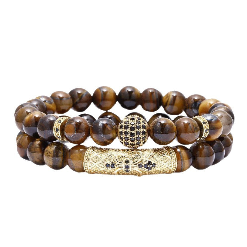 Business Crown Shape Brass Inlay Agate Rhinestone Unisex Bracelet Set