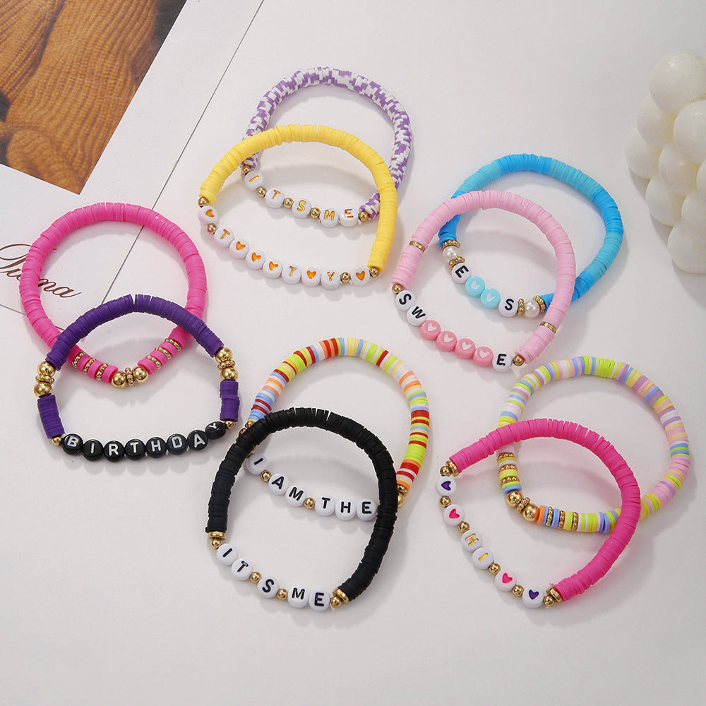 Bohemian Style Geometric Polymer Clay and Acrylic Beaded Bracelet Set with Colorful Letter Charms for Beach Vacation and Travel Souvenirs