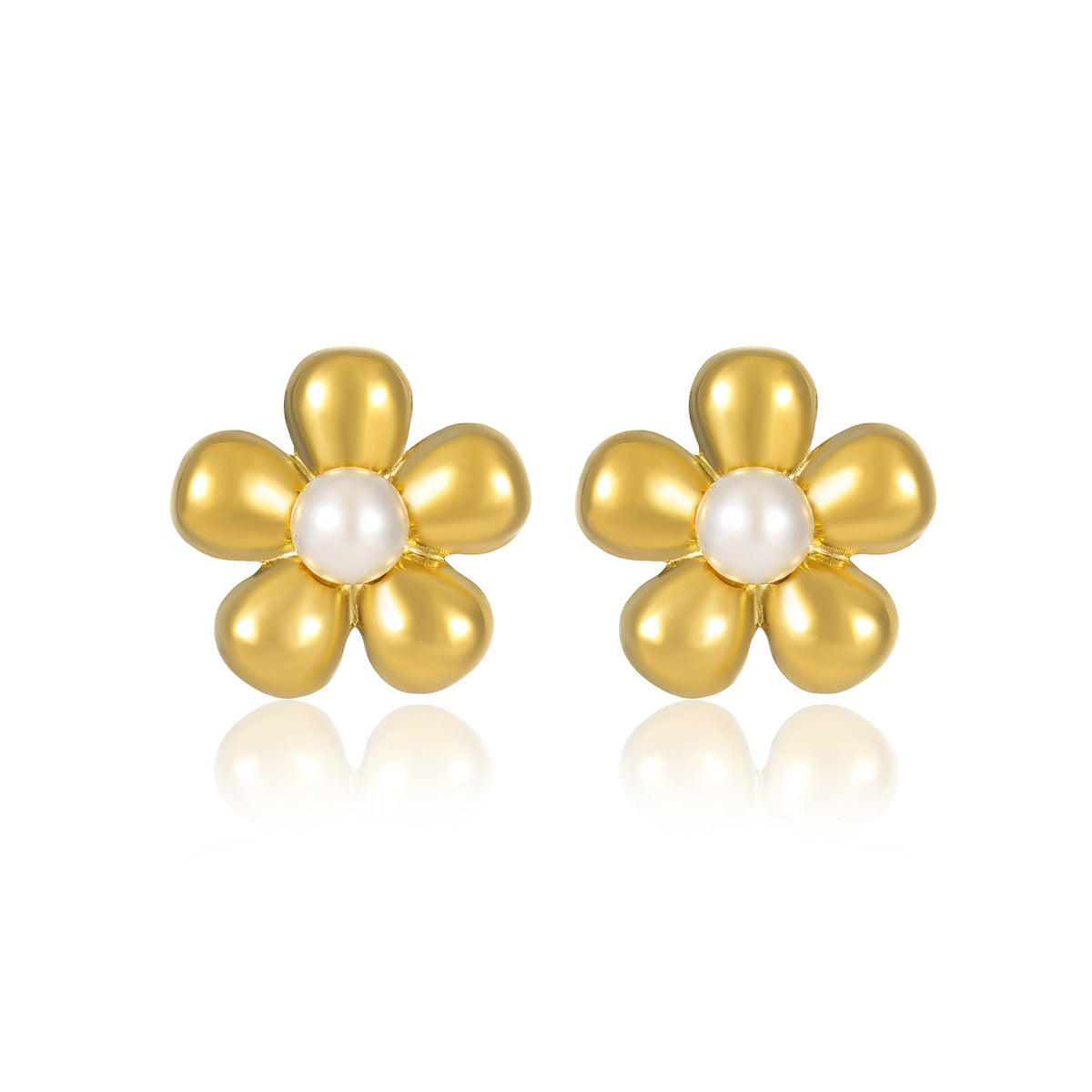 Pendientes de acero de titanio con incrustaciones de perlas florales vintage para mujer, con baño de oro de 18K y acabado pulido