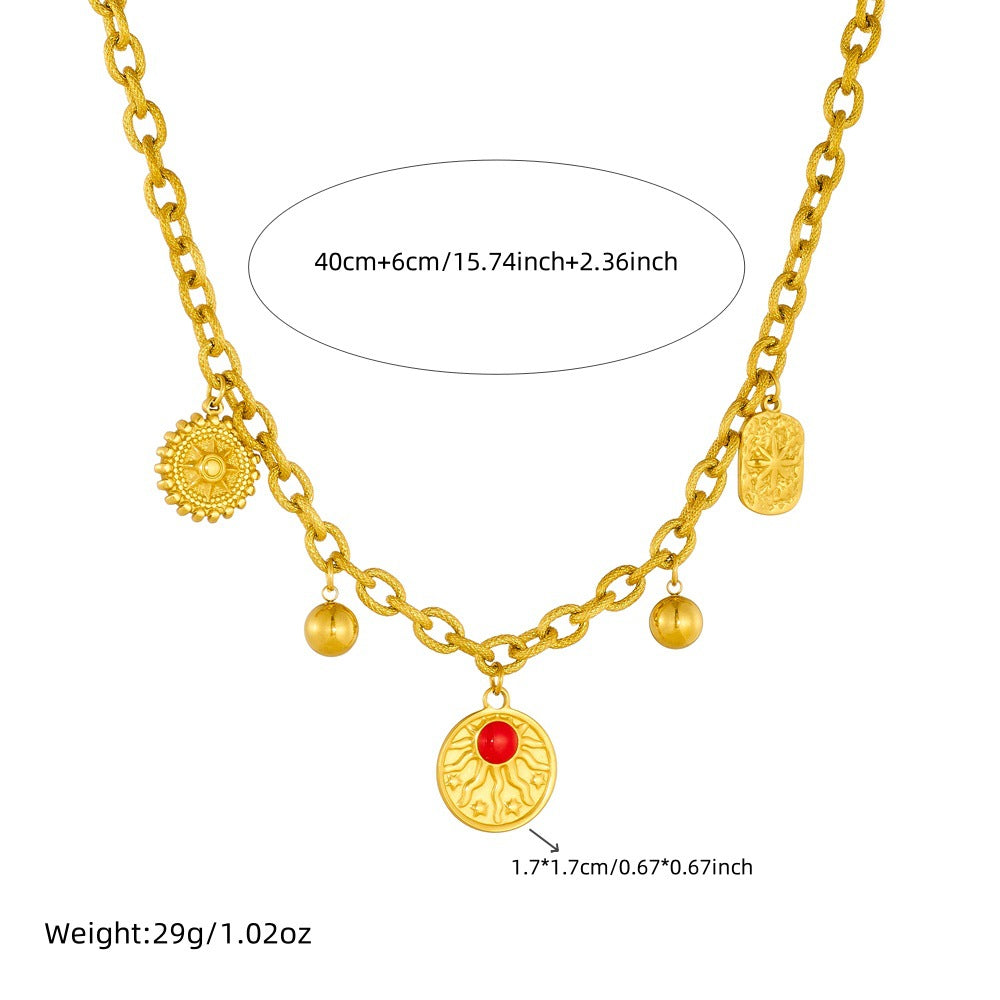 Set collana e bracciale da donna in acciaio inossidabile con finitura placcata, con pendente irregolare a forma di sole, d'ispirazione vintage