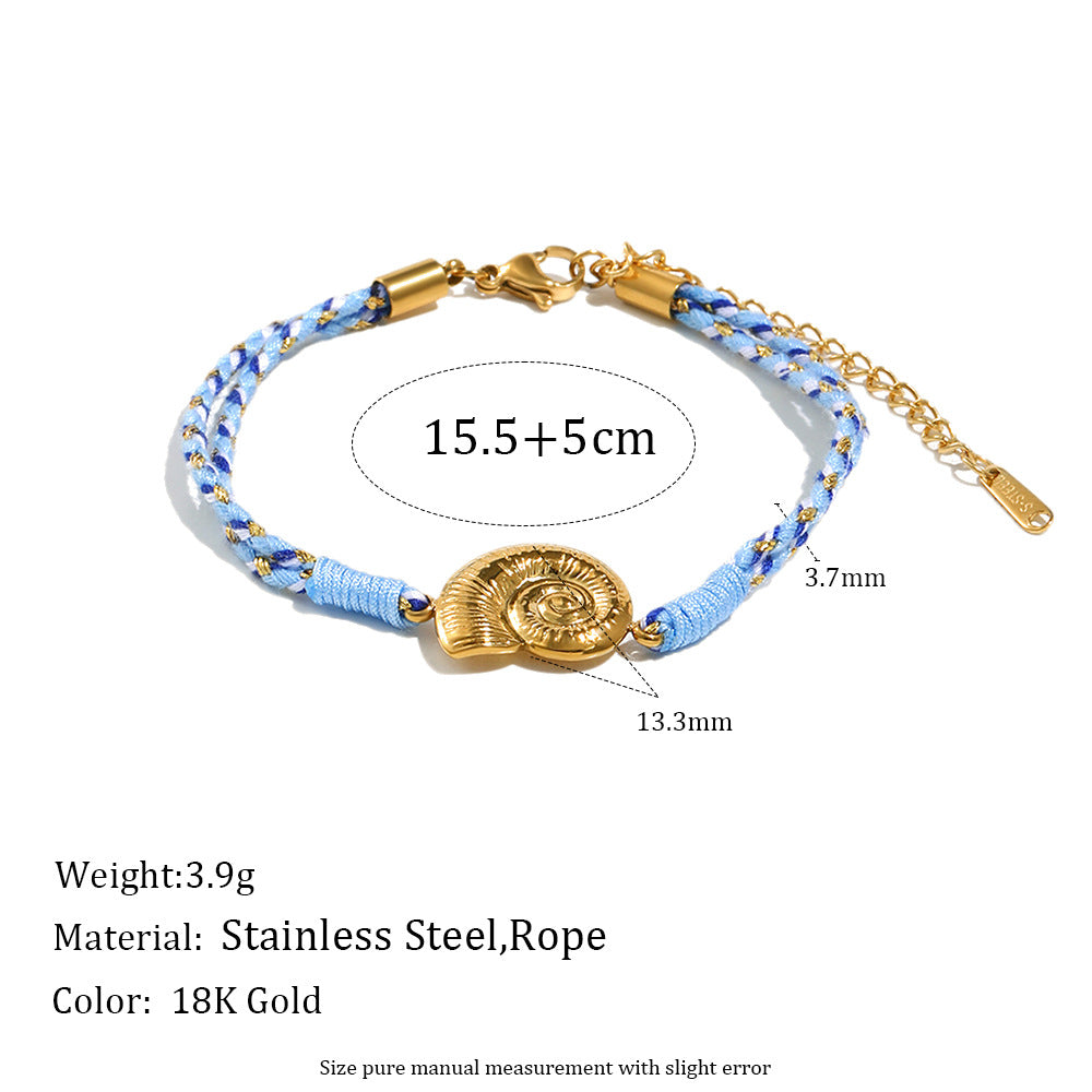 Minimalist Geometric Seashell and Floral Bracelet for Women with Stainless Steel 18K Gold Plated Accents and Cotton Cord