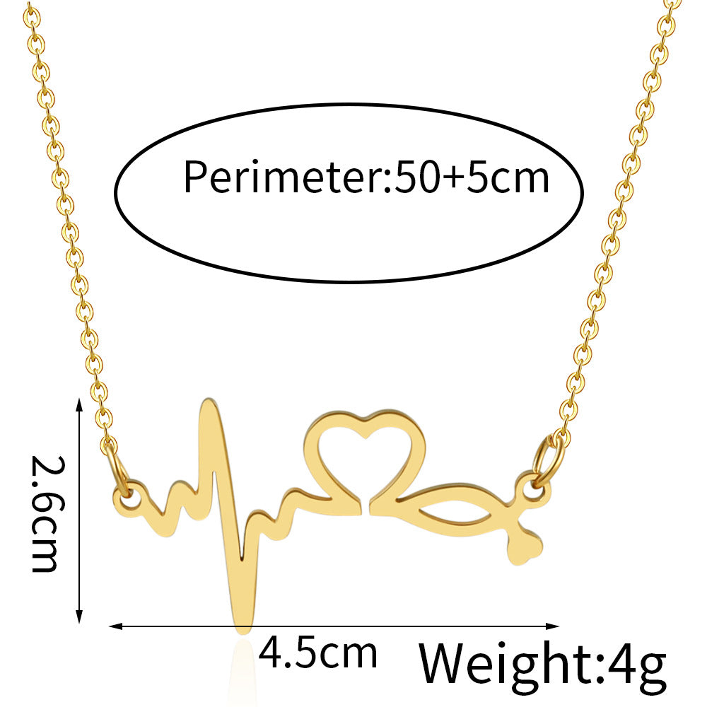 Casual Heart Geometric Titanium Steel Plated EKG Heartbeat Necklace for Unisex